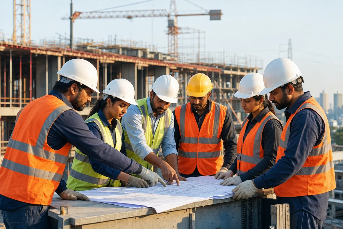 Indian construction workers collaborating